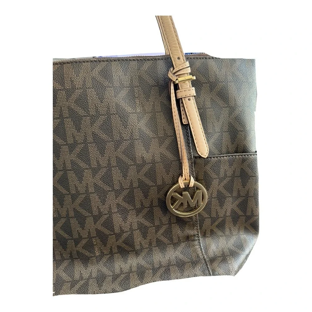 Michael Kors Jet Set East West Zip Tote Brown Signature Monogram Shoulder Bag